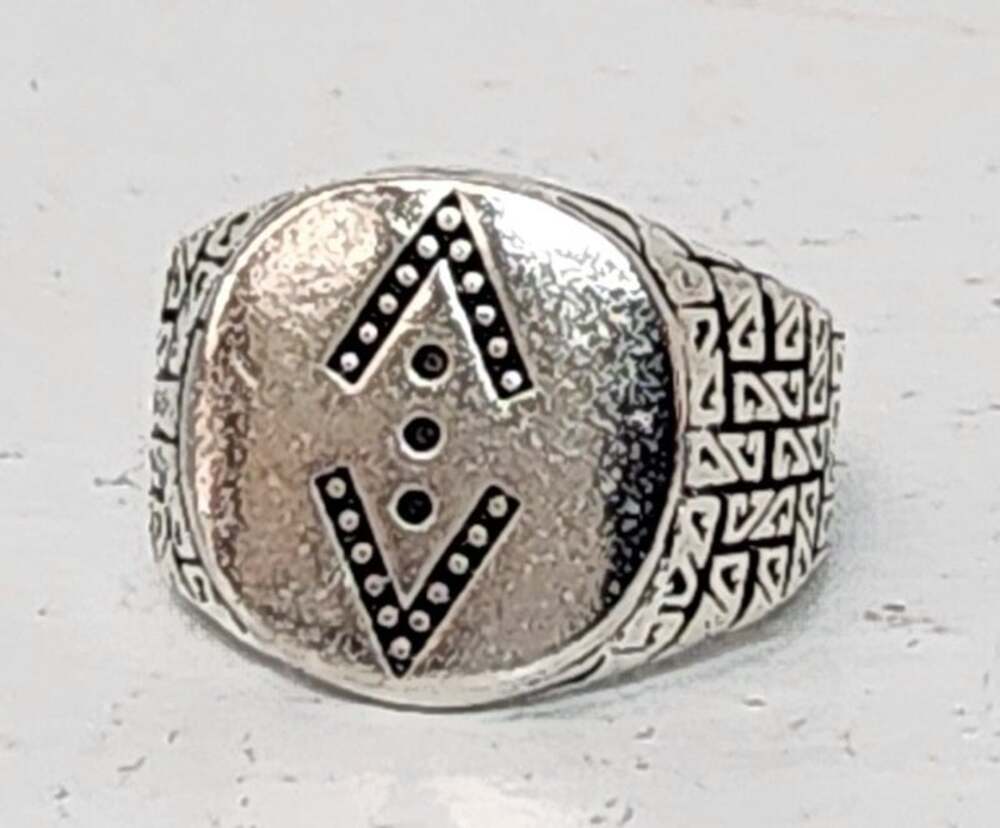 Silver Tone Geometric Ring Size 10.5 with Black Symbolic Design